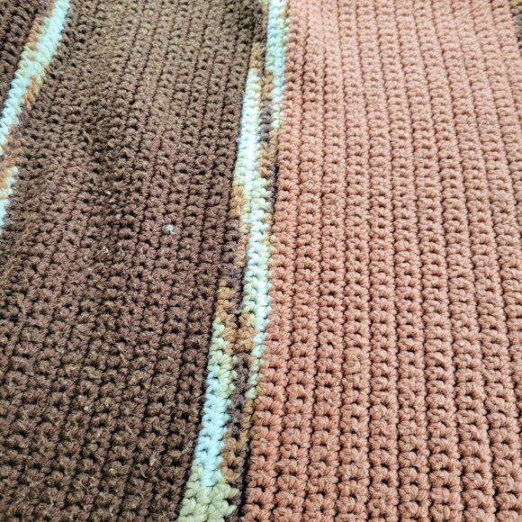 Vintage Crochet LONG Afghan Blanket, Pink, Brown & Cream Stripes Couch Throw - Picture 8 of 10